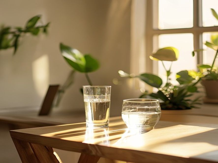Solfyldt morgenscene med vandflaske og planter på træbord